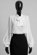ELLA3 White Bow Neck Blouse