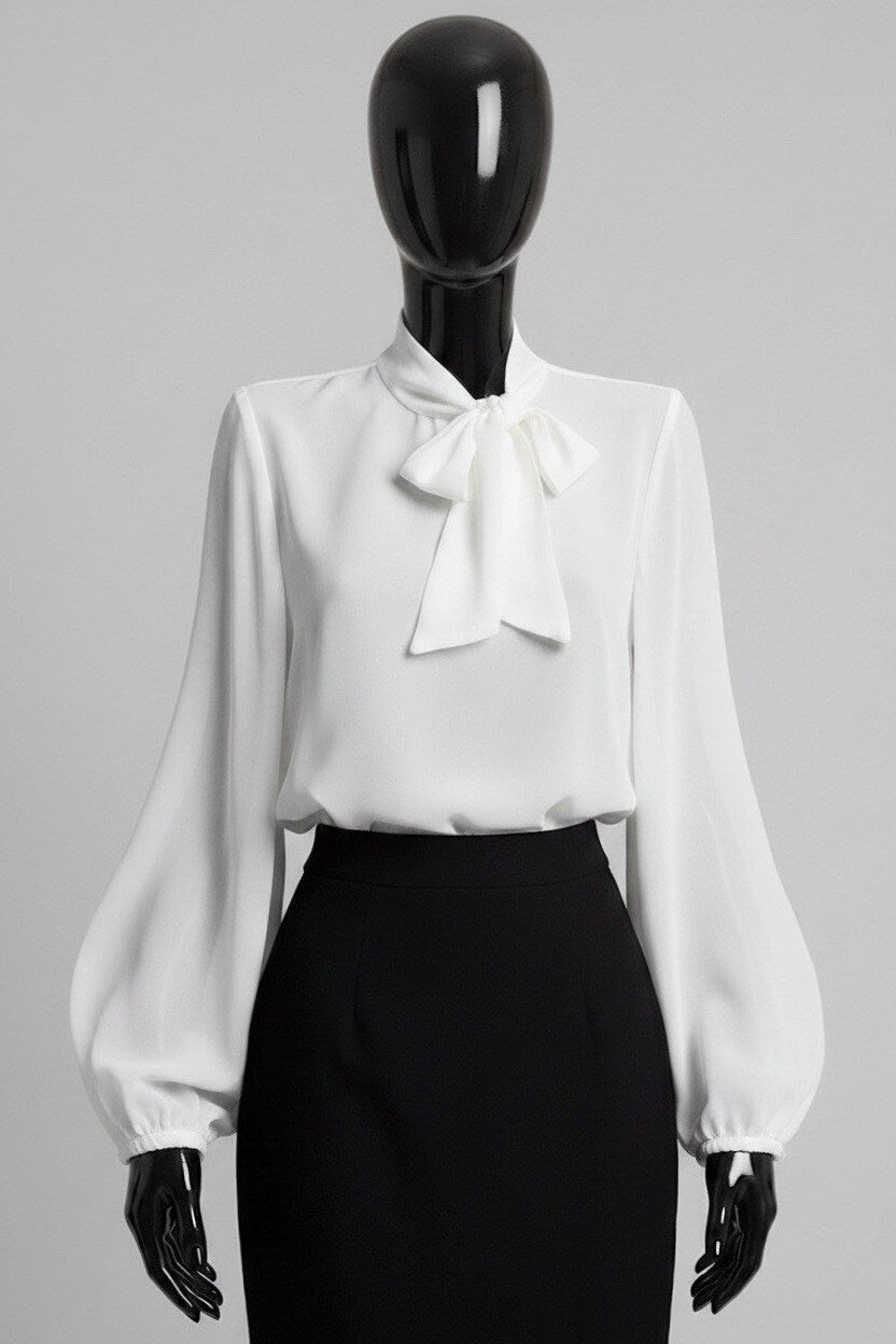 ELLA3 White Bow Neck Blouse