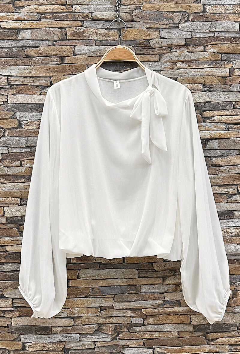 ELLA3 White Bow Neck Blouse