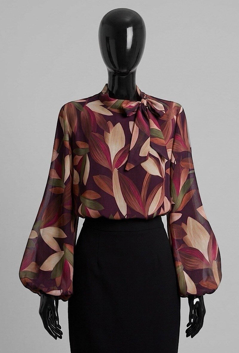 ELLF1 Burgundy Floral Bow Blouse