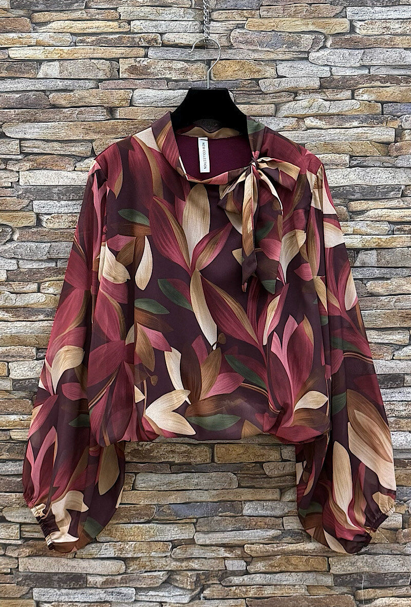 ELLF1 Burgundy Floral Bow Blouse