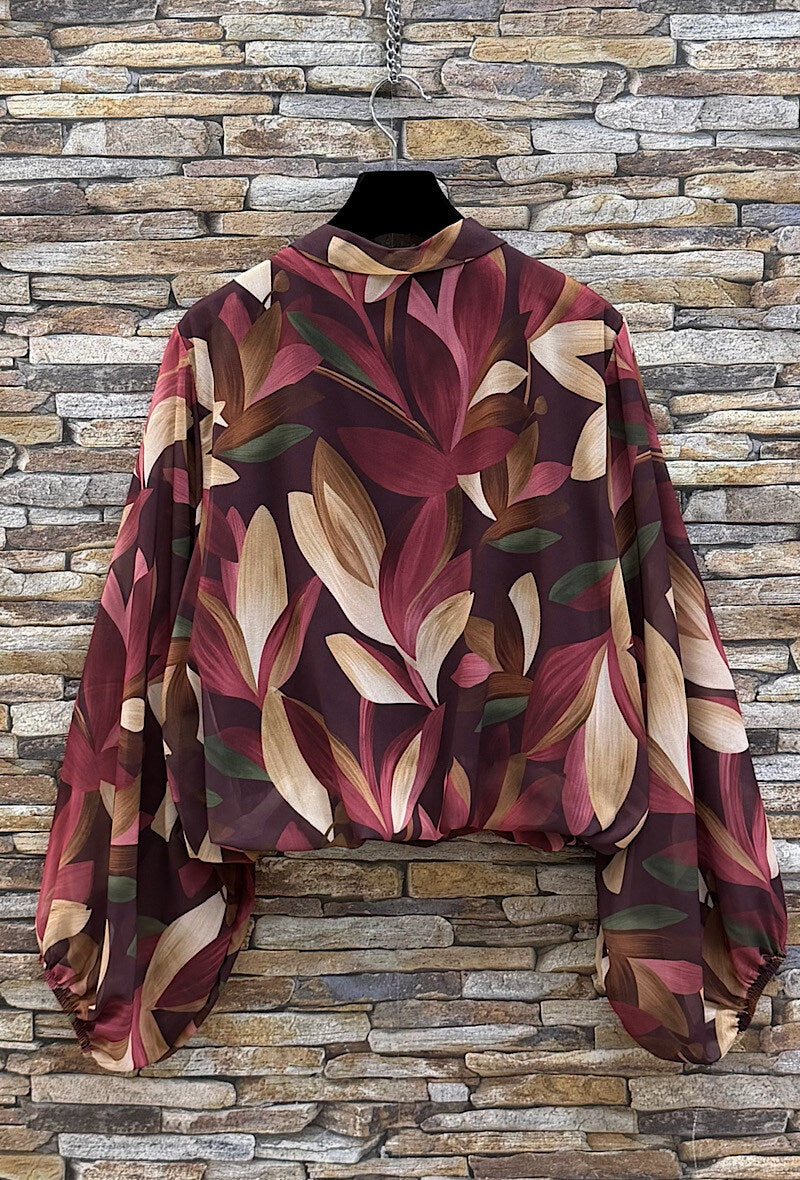 ELLF1 Burgundy Floral Bow Blouse