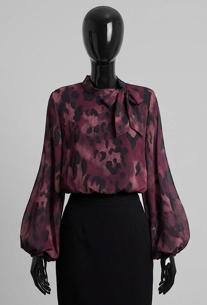 ELLL3 Burgundy Leopard Bow Blouse
