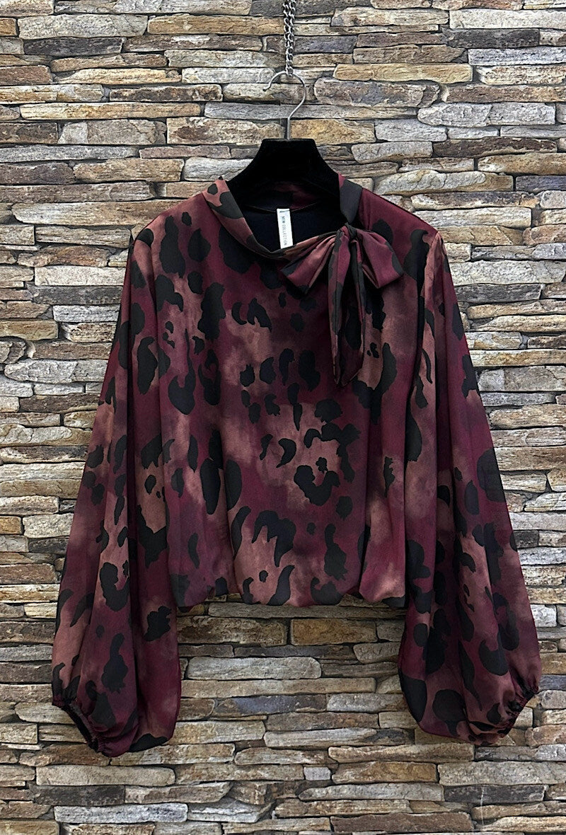 ELLL3 Burgundy Leopard Bow Blouse