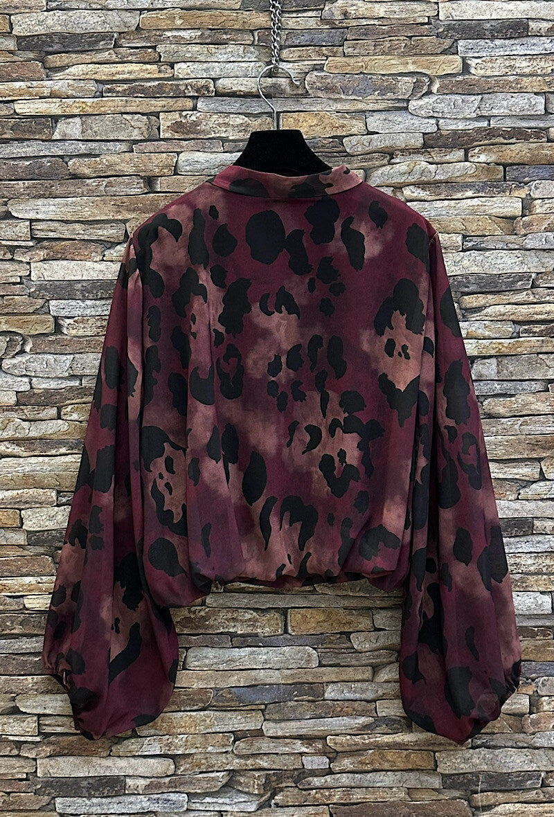 ELLL3 Burgundy Leopard Bow Blouse