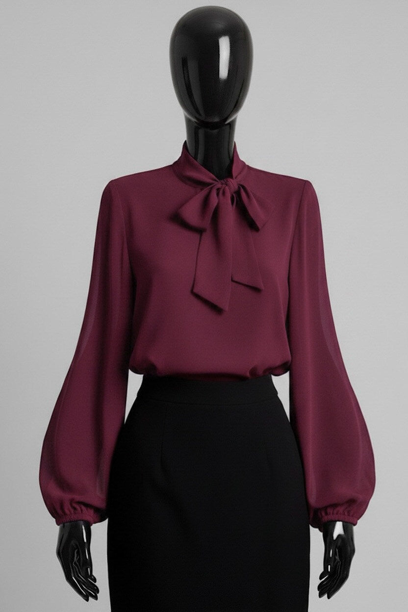 ELLA1 Burgundy Bow Neck Blouse