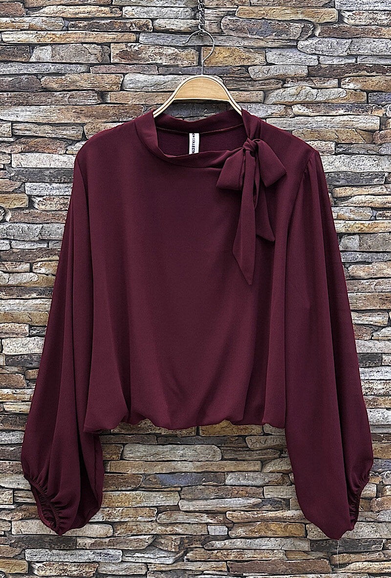 ELLA1 Burgundy Bow Neck Blouse