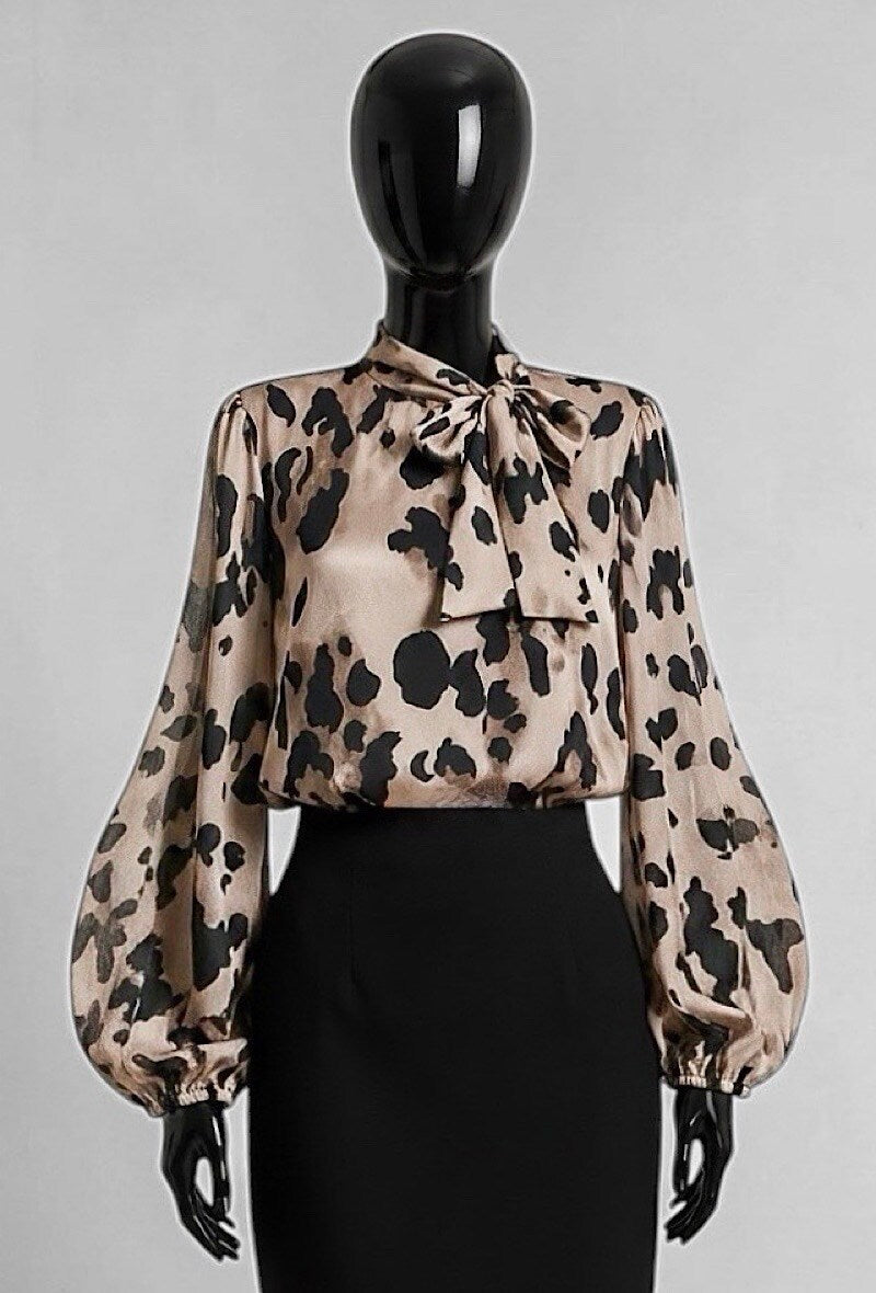 ELLL1 Champagne Leopard Bow Blouse