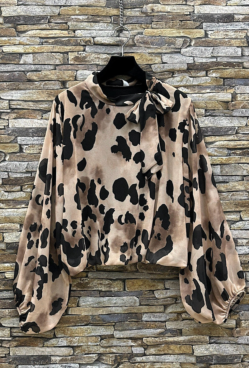 ELLL1 Champagne Leopard Bow Blouse