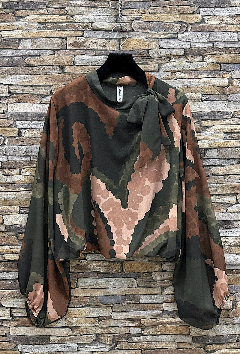 ELLS3 Khaki Abstract Bow Blouse