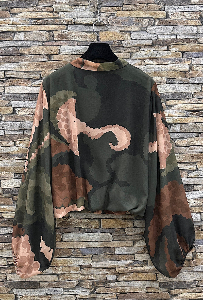 ELLS3 Khaki Abstract Bow Blouse