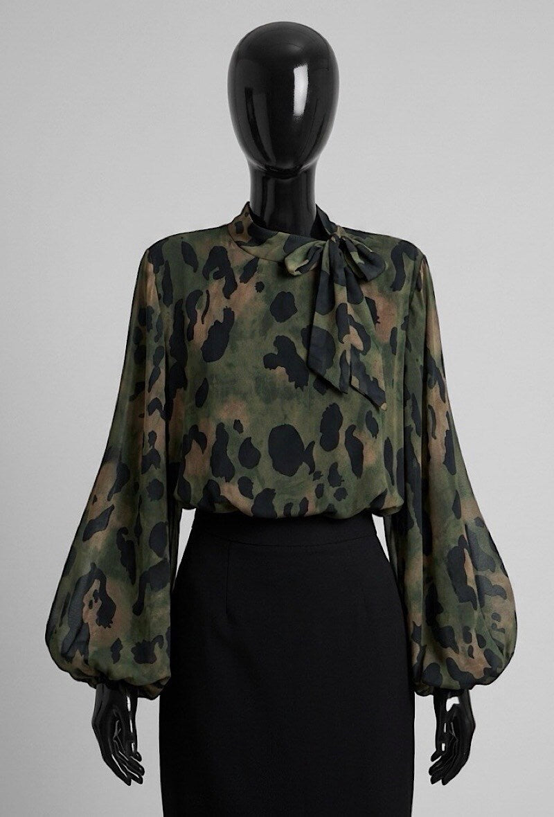 ELLL2 Khaki Leopard Bow Blouse
