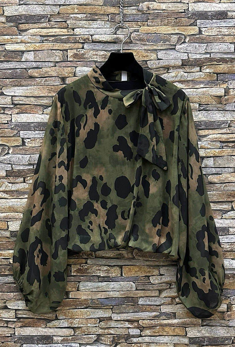 ELLL2 Khaki Leopard Bow Blouse