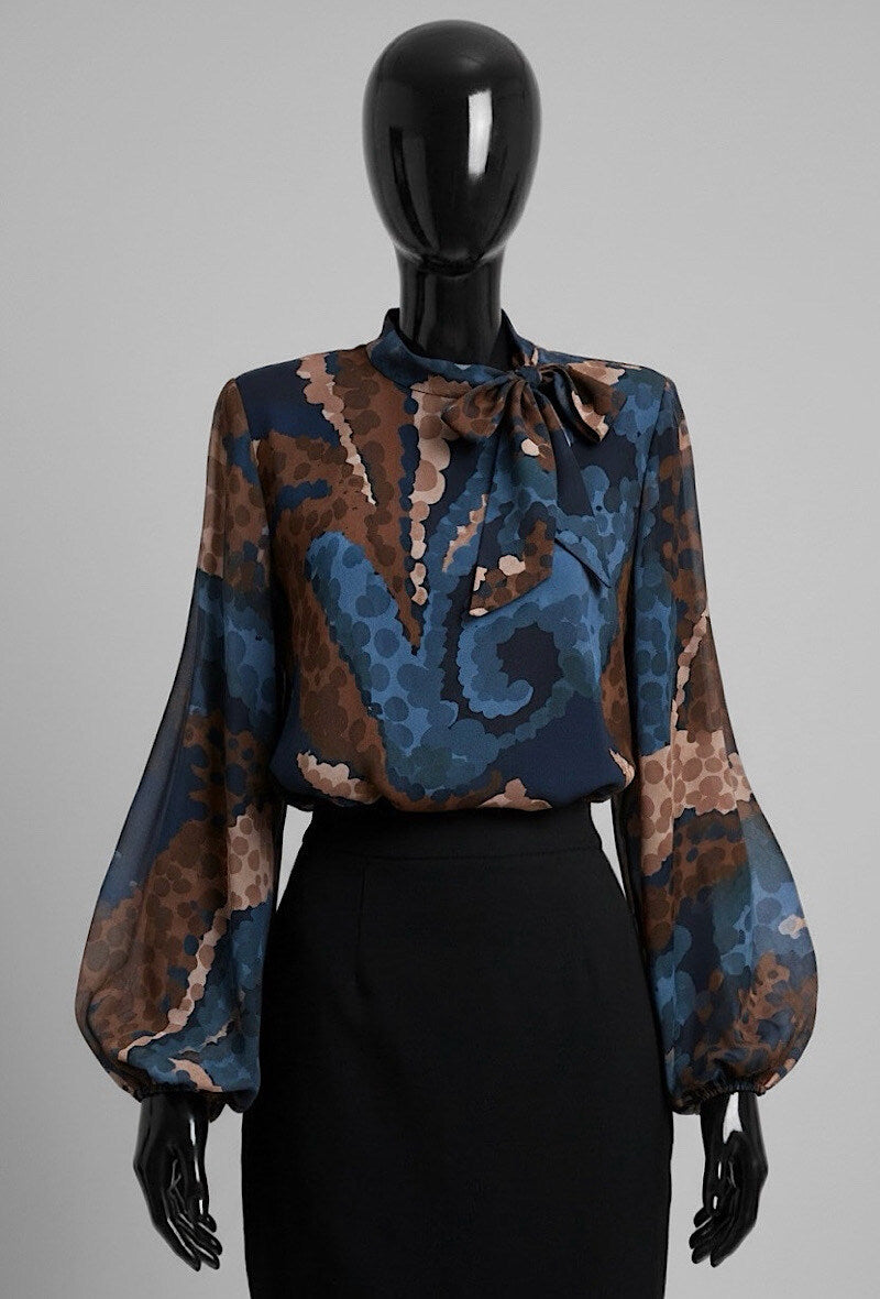 ELLS1 Navy Abstract Bow Blouse