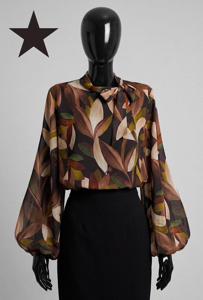 ELLF3 Brown Floral Bow Blouse