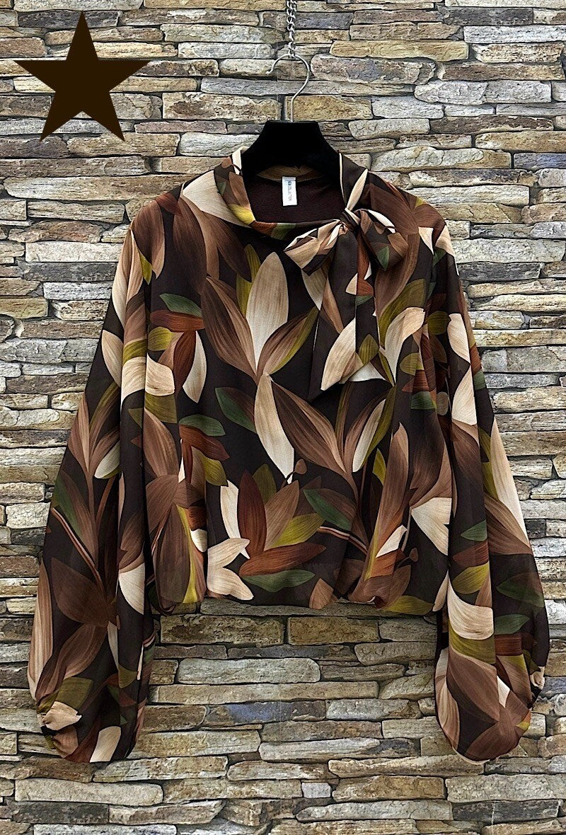 ELLF3 Brown Floral Bow Blouse