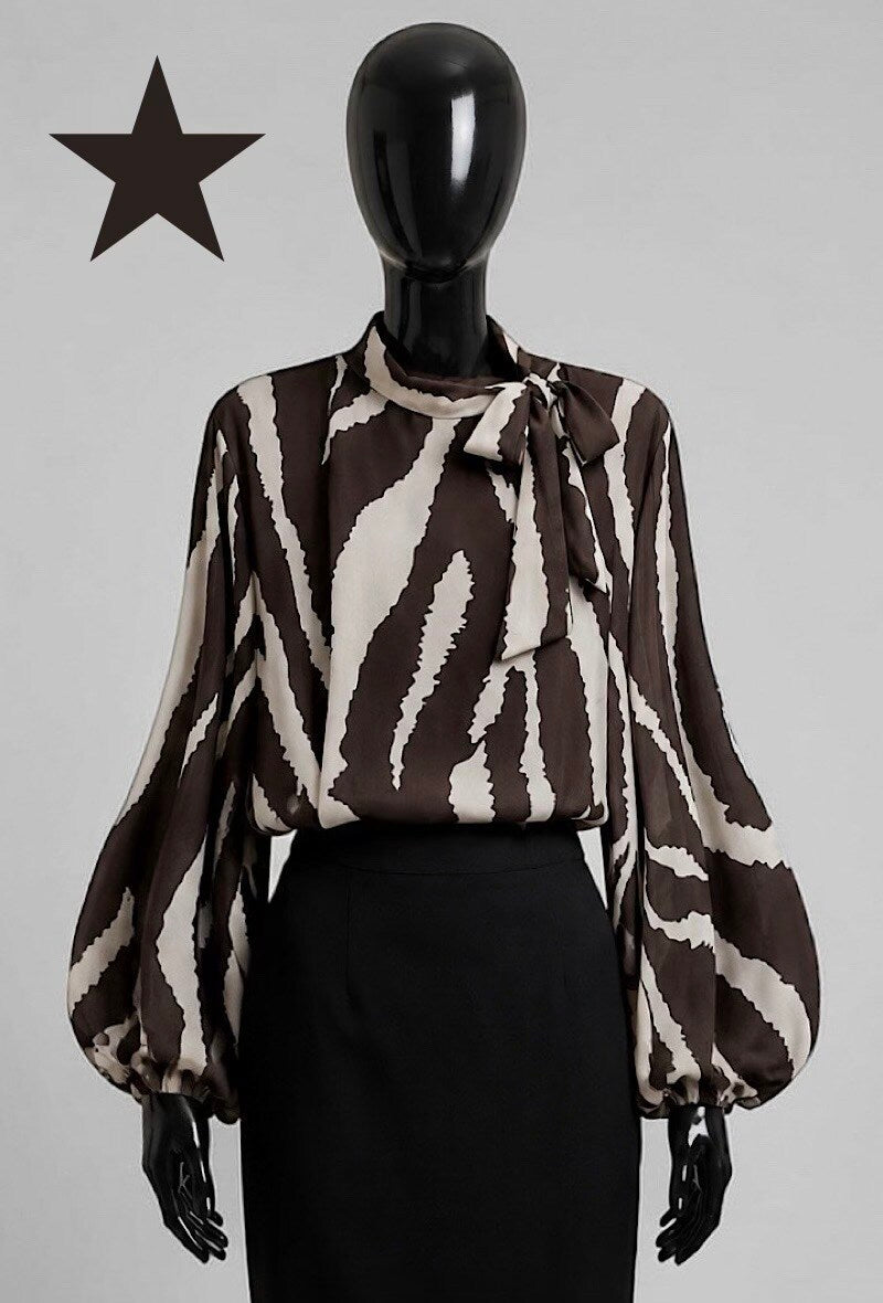 ELLZ2 Brown Zebra Print Bow Blouse