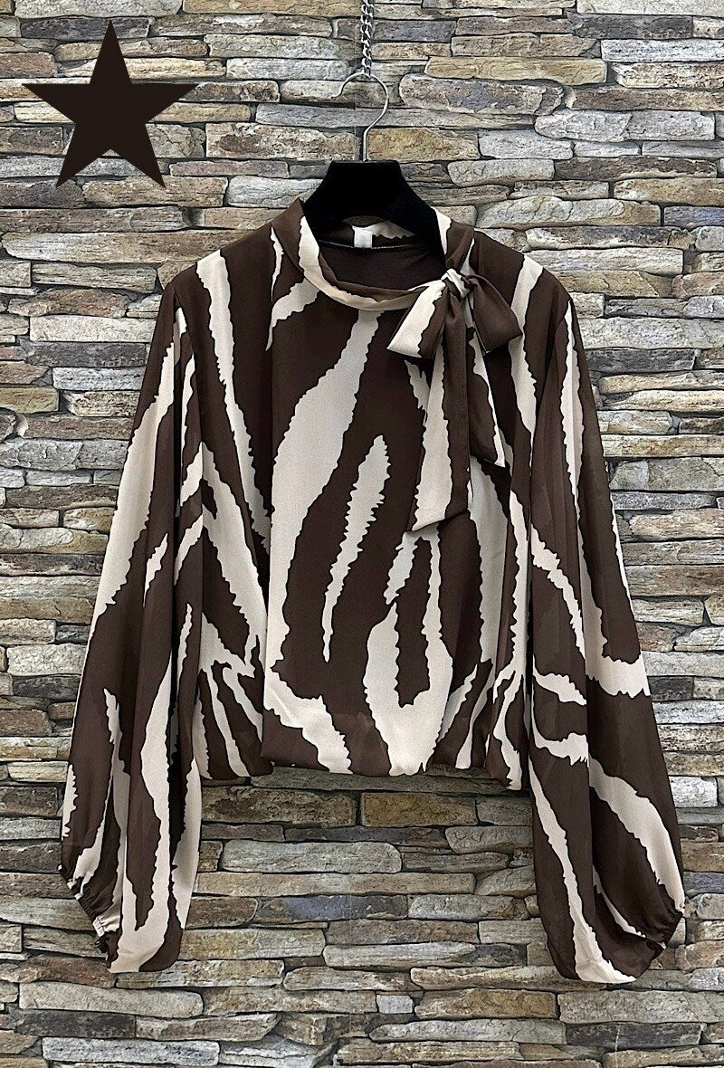ELLZ2 Brown Zebra Print Bow Blouse