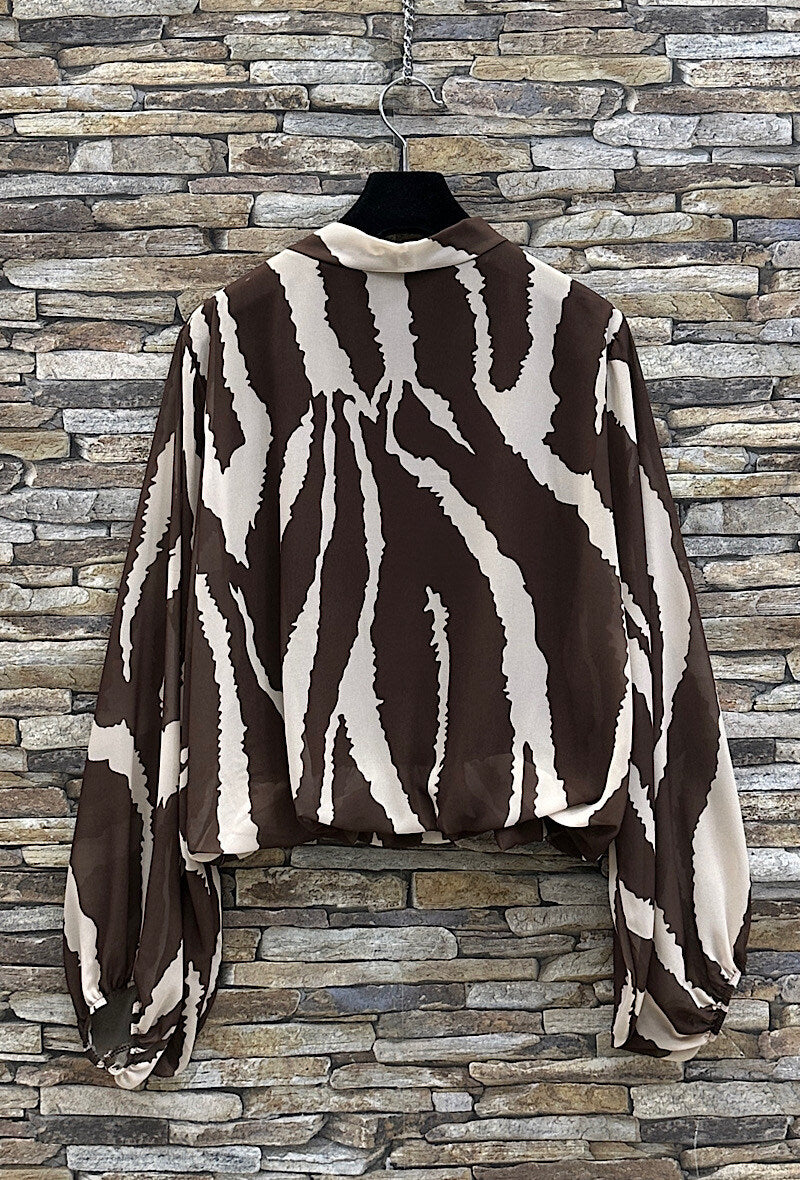 ELLZ2 Brown Zebra Print Bow Blouse
