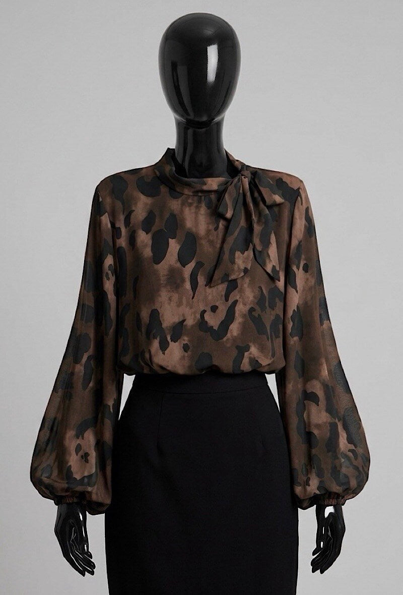 ELLL4 Brown Leopard Bow Blouse