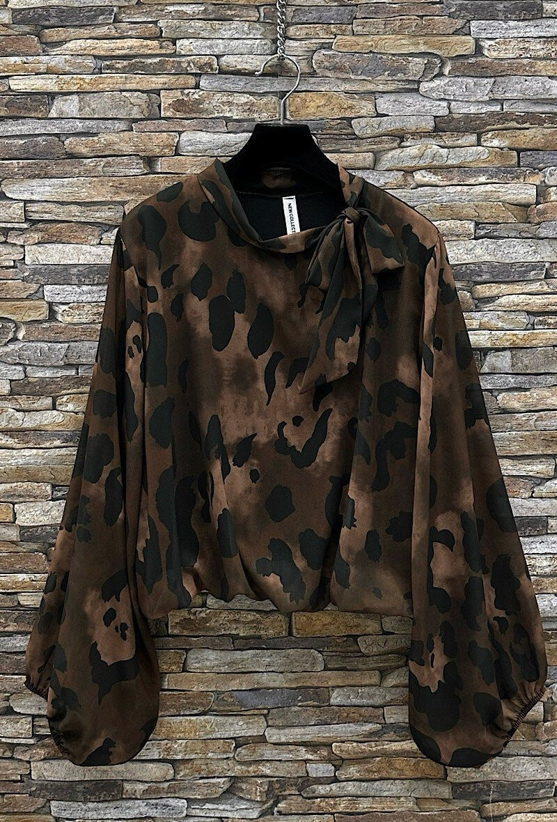 ELLL4 Brown Leopard Bow Blouse