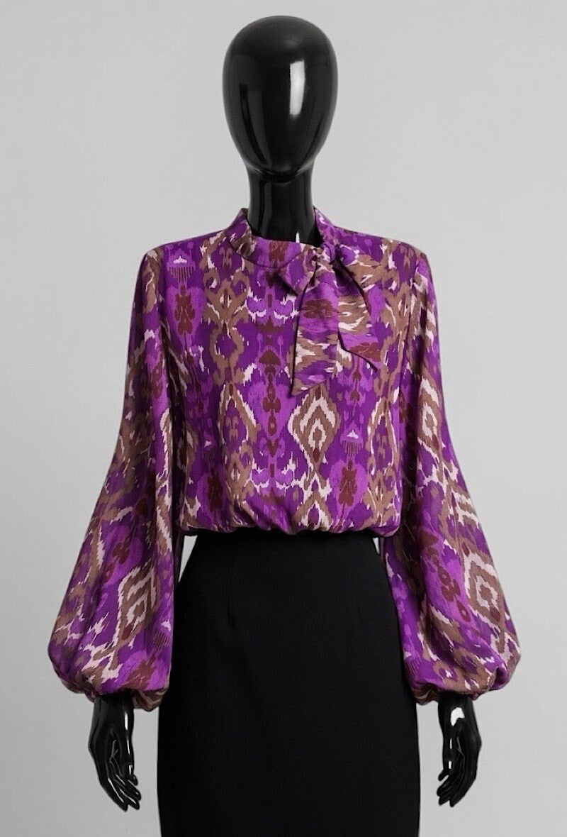 ELLI1 Mauve Ikat Print Bow Blouse