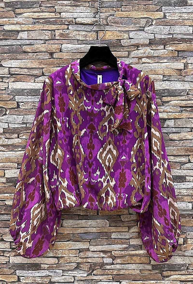 ELLI1 Mauve Ikat Print Bow Blouse