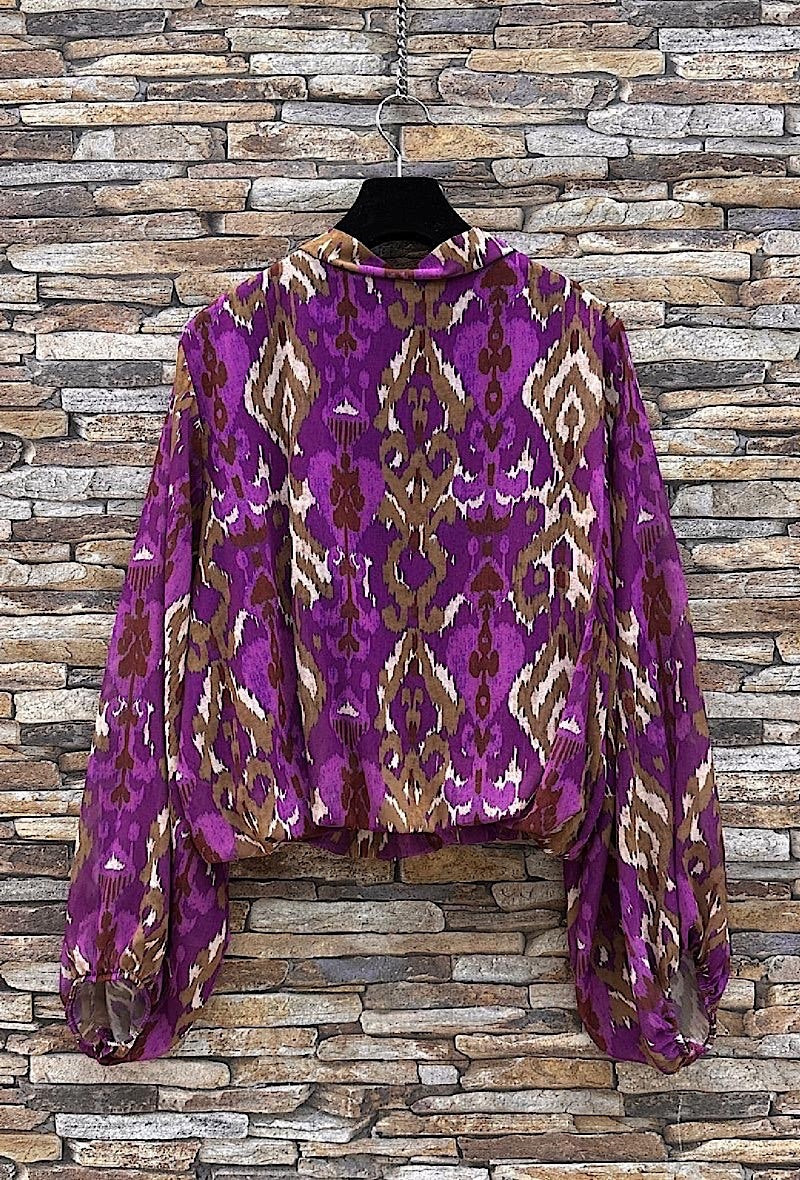 ELLI1 Mauve Ikat Print Bow Blouse