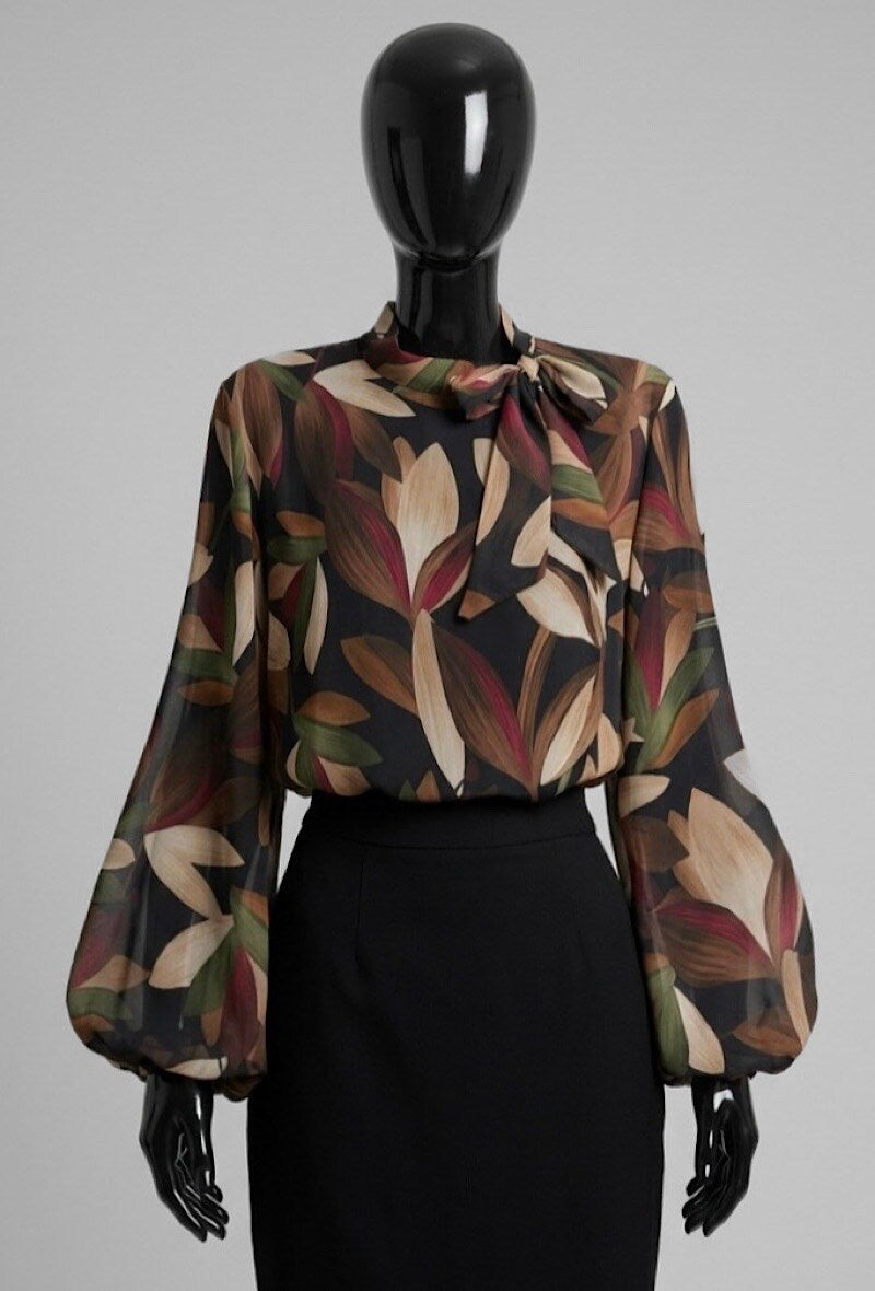 ELLF2 Black Floral Bow Blouse
