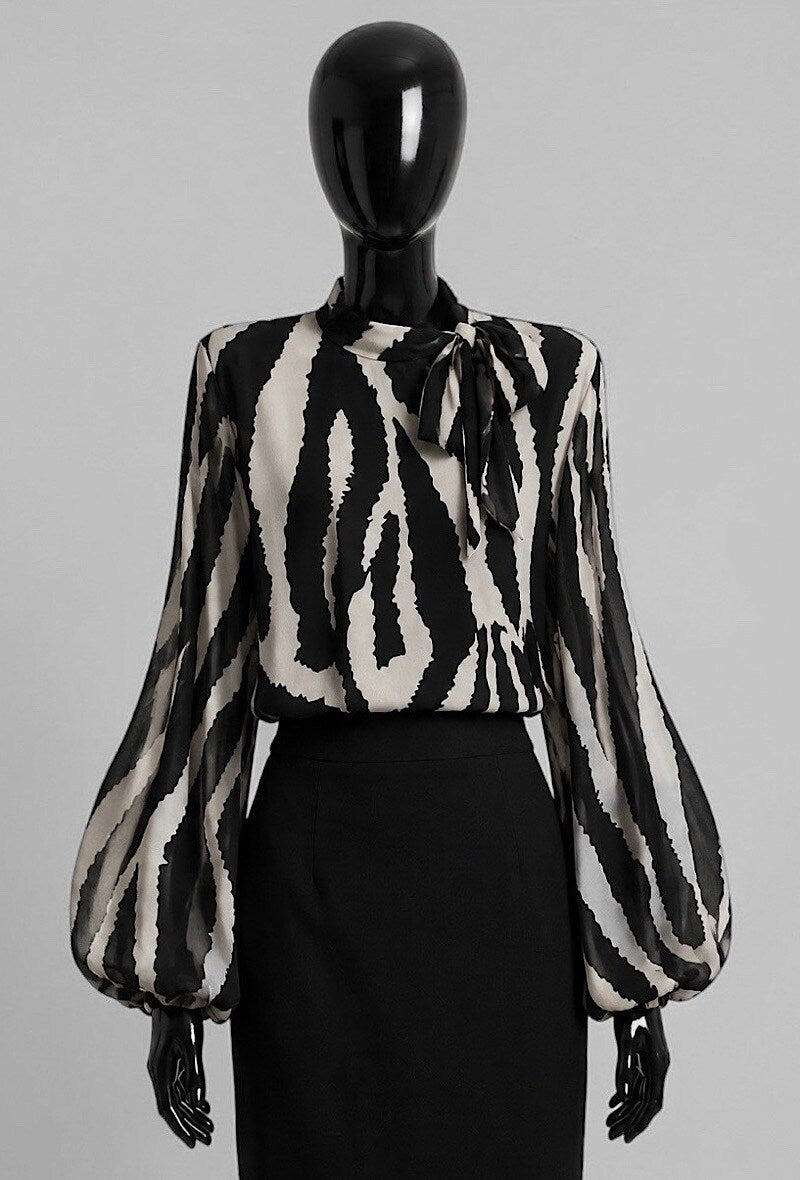 ELLZ1 Black Zebra Print Bow Blouse