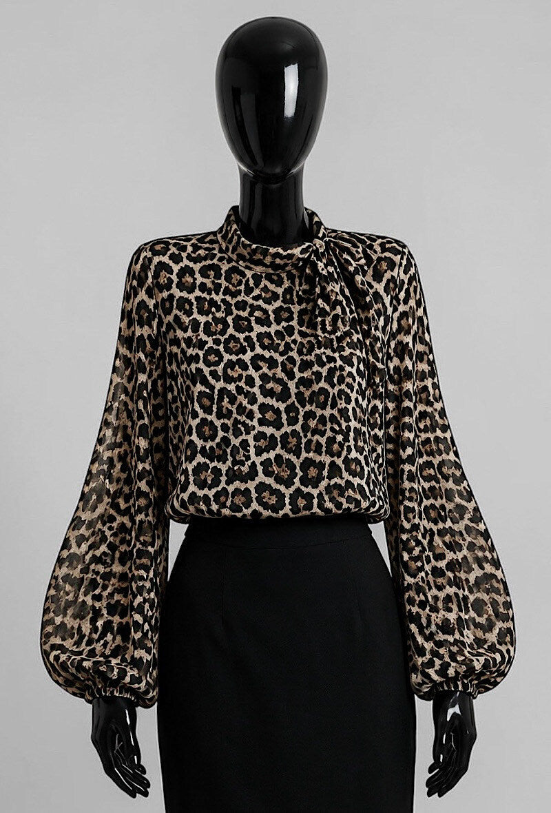 ELLL5 Black Leopard Bow Blouse