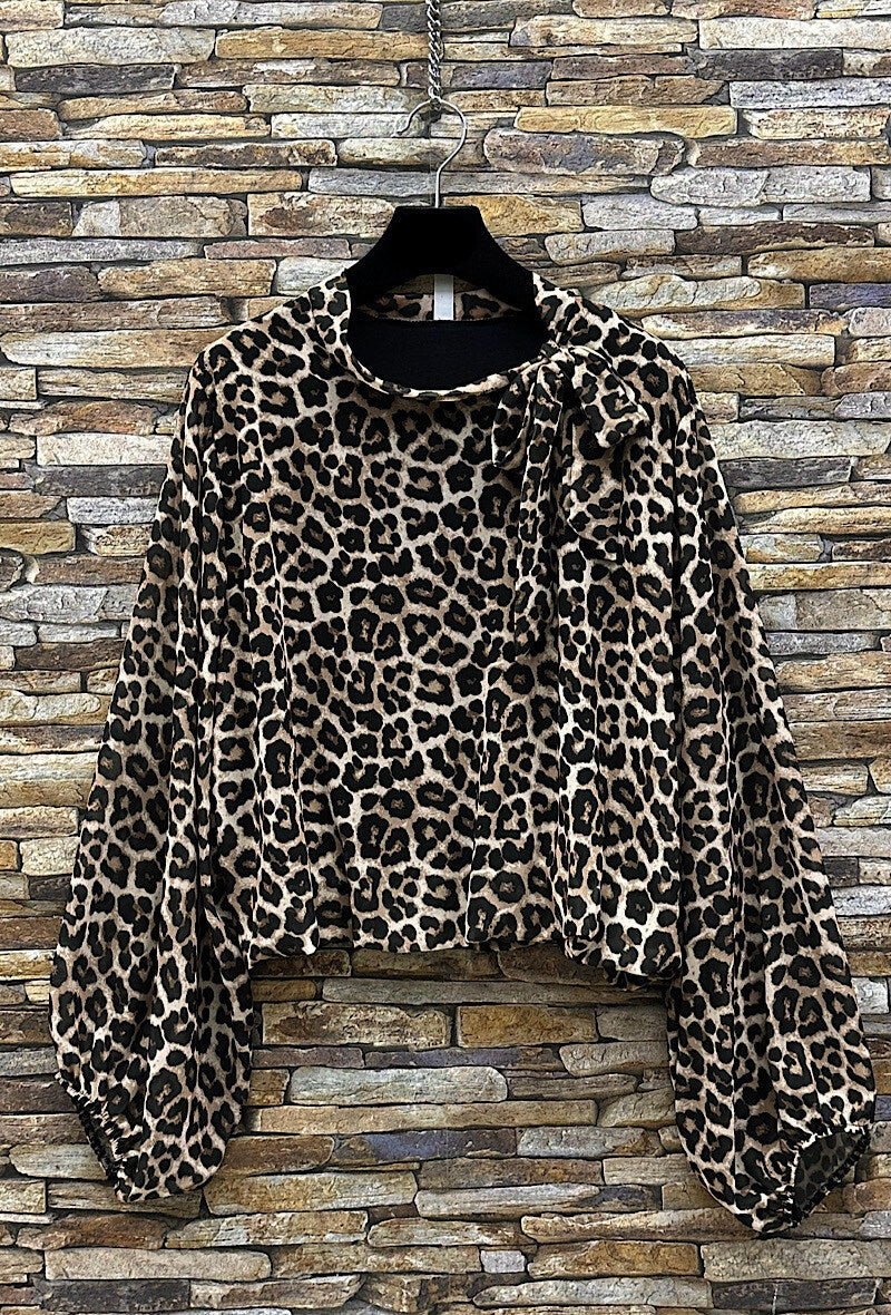 ELLL5 Black Leopard Bow Blouse