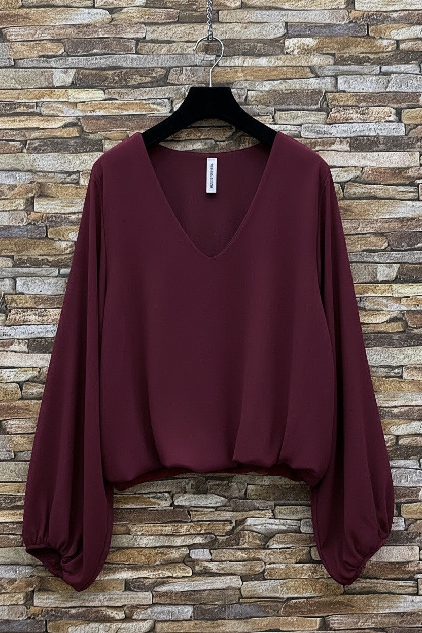 ELAY1 Burgundy Balloon Sleeve Blouse