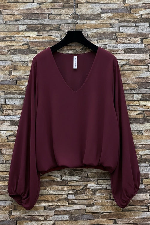 ELAY1 Burgundy Balloon Sleeve Blouse
