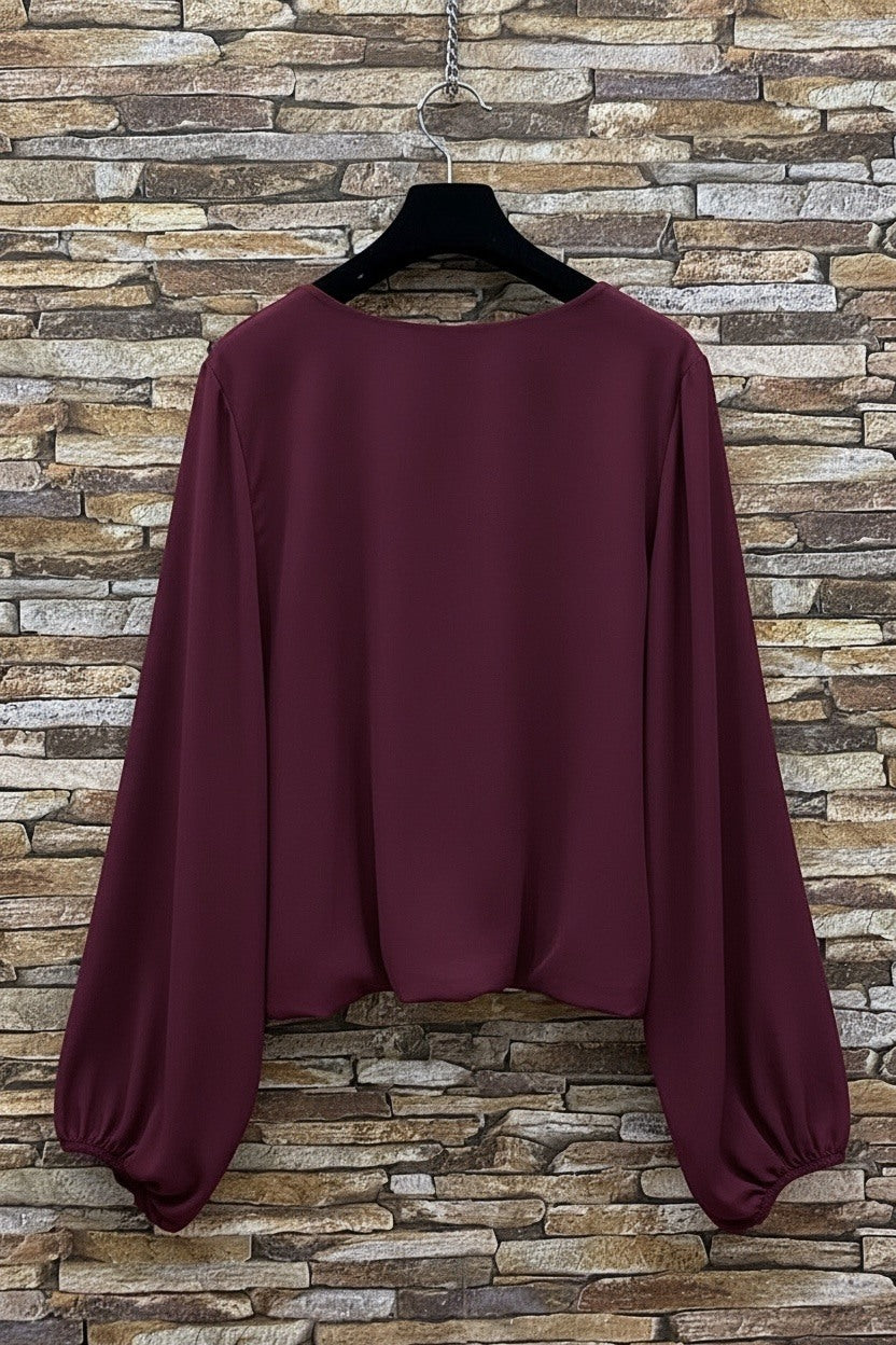 ELAY1 Burgundy Balloon Sleeve Blouse