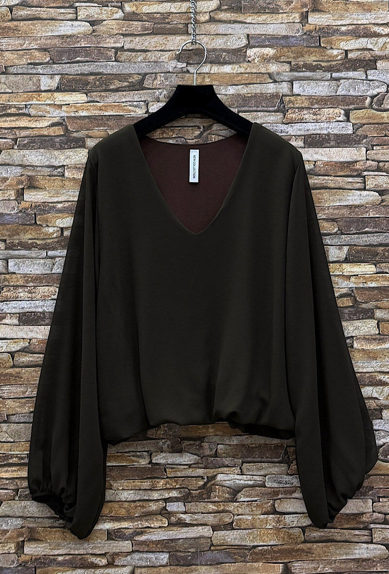 ELAY4 Brown Balloon Sleeve Blouse