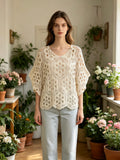 MSBCFBG Floral Scalloped Crochet Cotton Blouse Beige