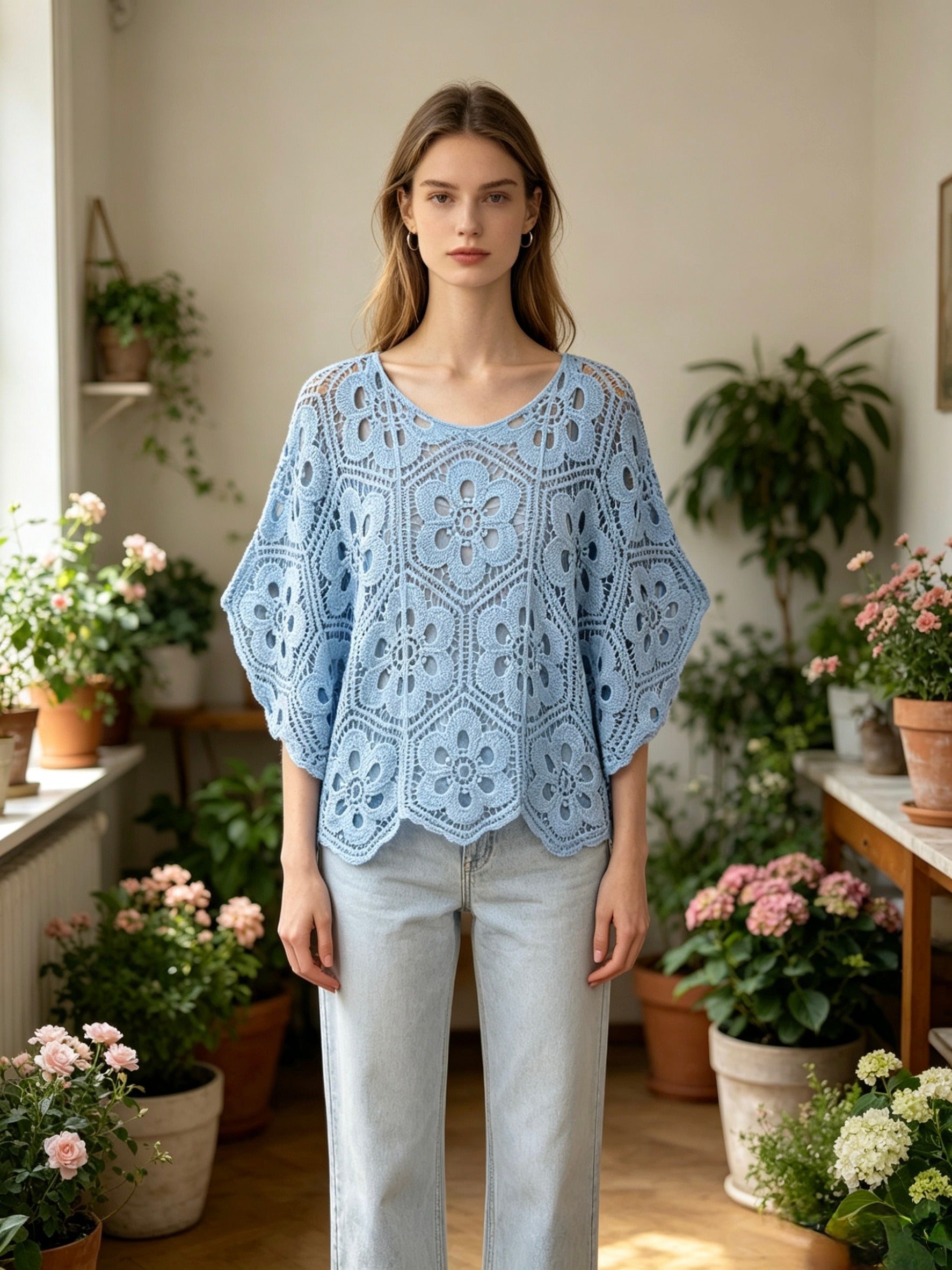 MSBCFLB Floral Scalloped Crochet Cotton Blouse Light Blue