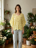 MSBCFYL Floral Scalloped Crochet Cotton Blouse Yellow