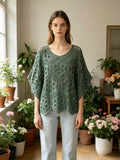 MSBCFKH Floral Scalloped Crochet Cotton Blouse Khaki