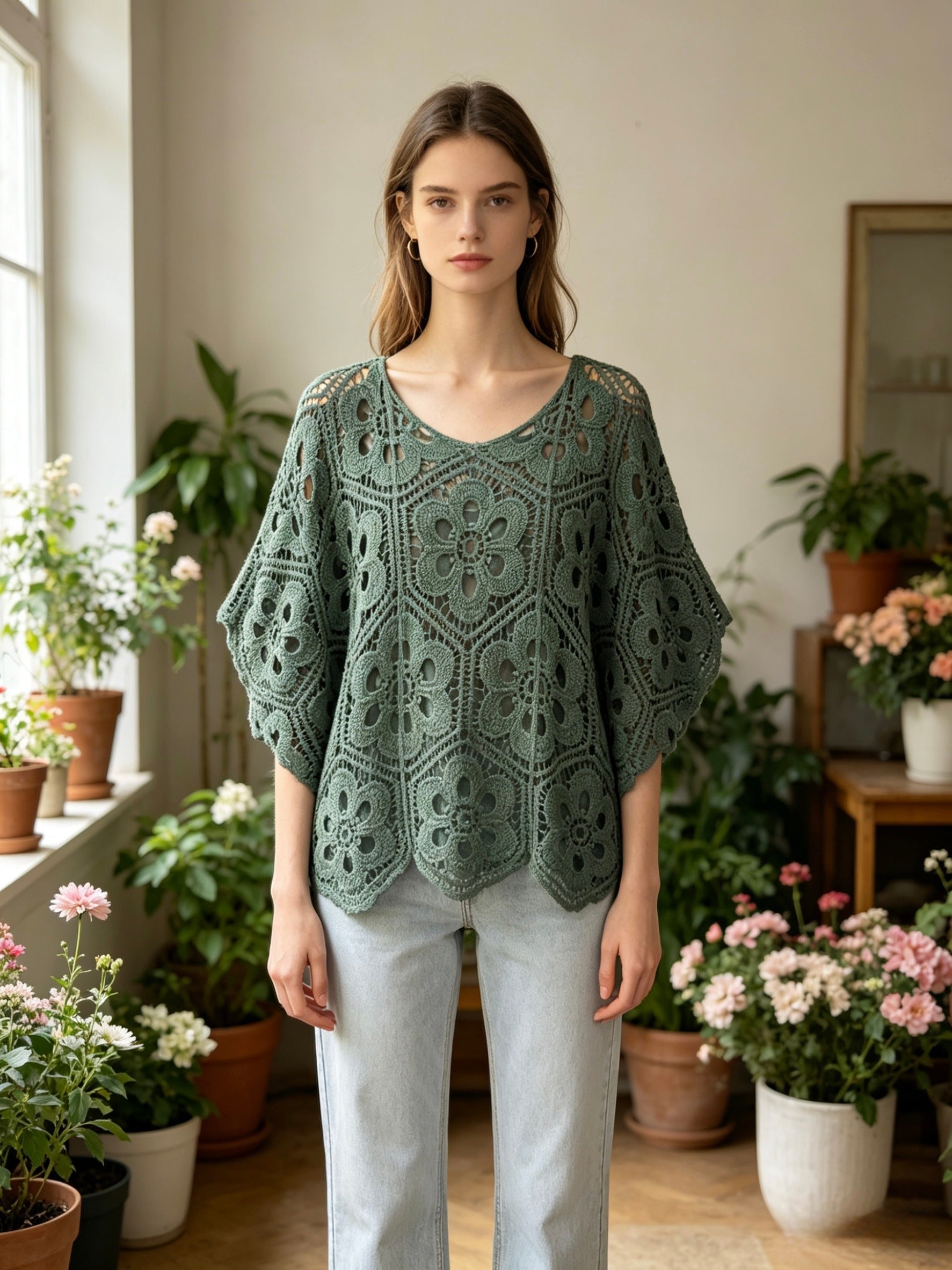 MSBCFKH Floral Scalloped Crochet Cotton Blouse Khaki