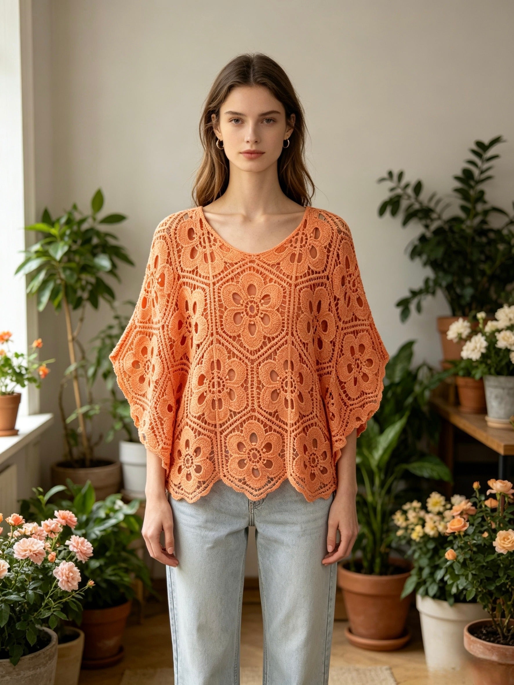 MSBCFSL Floral Scalloped Crochet Cotton Blouse Salmon