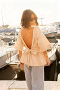 ESTNBBE Cotton Blouse with Back Bow Beige