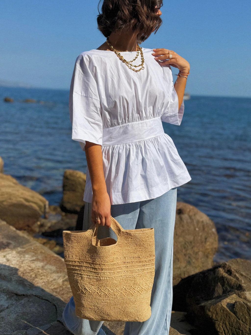 ESTNBWH Cotton Blouse with Back Bow White