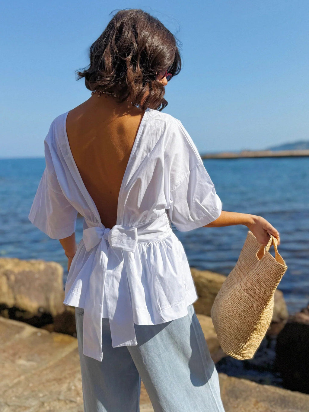 ESTNBWH Cotton Blouse with Back Bow White