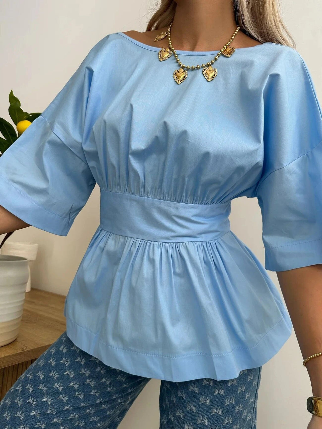 ESTNBLB Cotton Blouse with Back Bow Light Blue