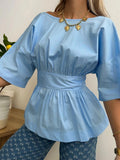 ESTNBLB Cotton Blouse with Back Bow Light Blue