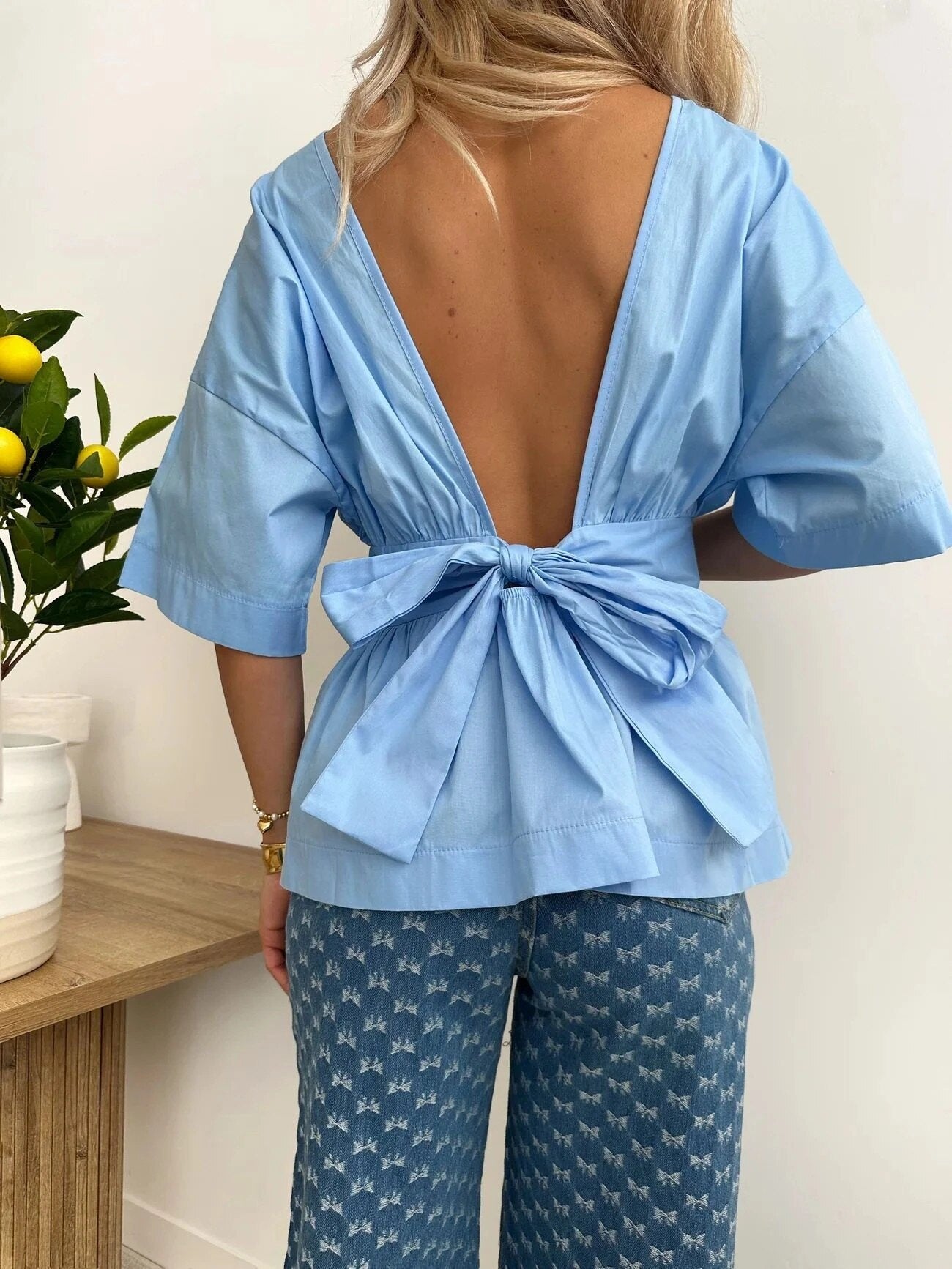 ESTNBLB Cotton Blouse with Back Bow Light Blue