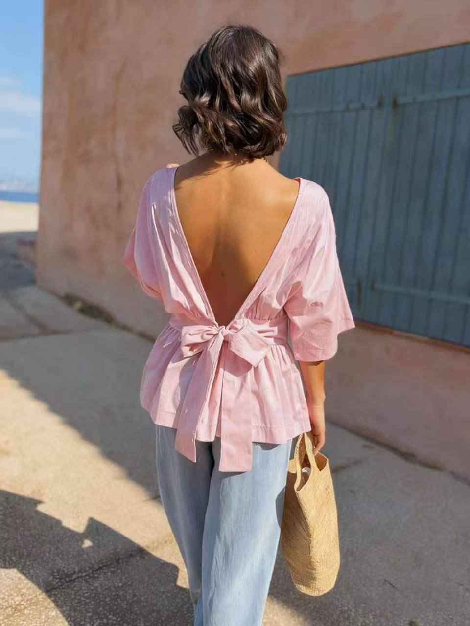 ESTNBBS Cotton Blouse with Back Bow Blush