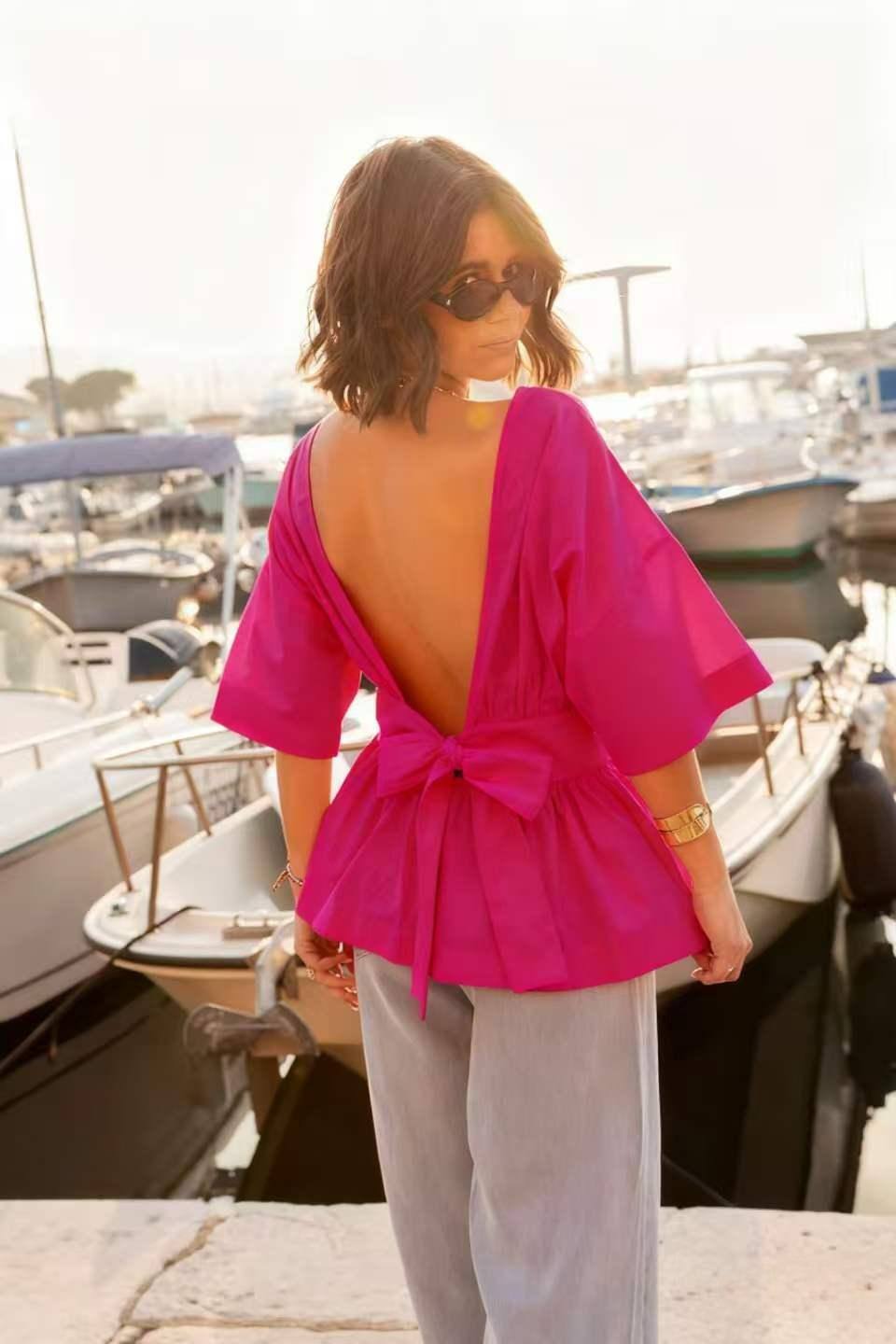 ESTNBFU Cotton Blouse with Back Bow Fuchsia